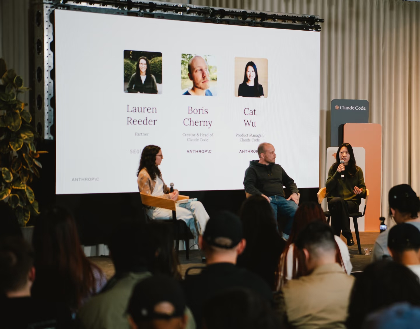 Judges panel with Lauren Reeder, Boris Cherny, and Cat Wu