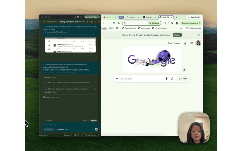 Cursor agent driving a real Chrome browser